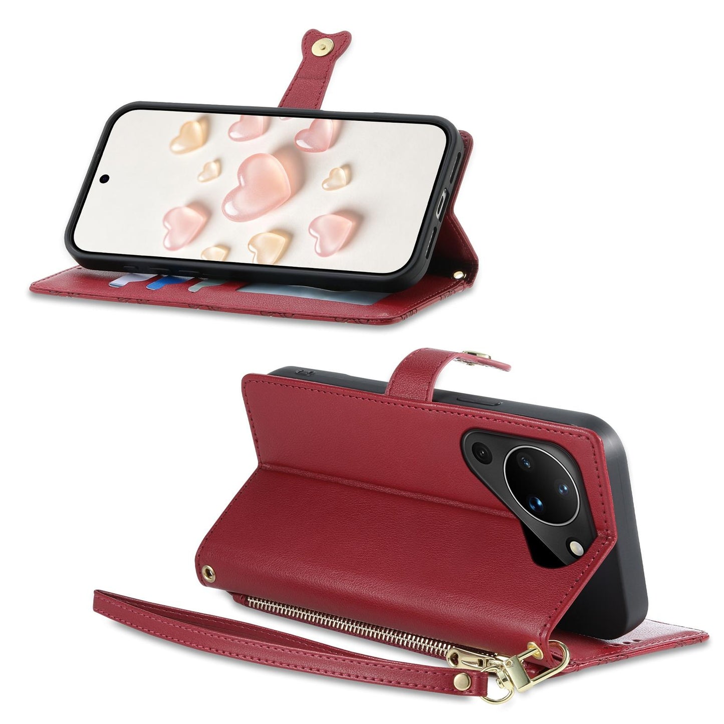 For Huawei Pura 90 5G Zipper Wallet Heart Buckle Vegan Leather Phone Case with Wrist Strap(Red)