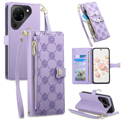 For Huawei Pura 90 5G Zipper Wallet Heart Buckle Vegan Leather Phone Case with Wrist Strap(Purple)