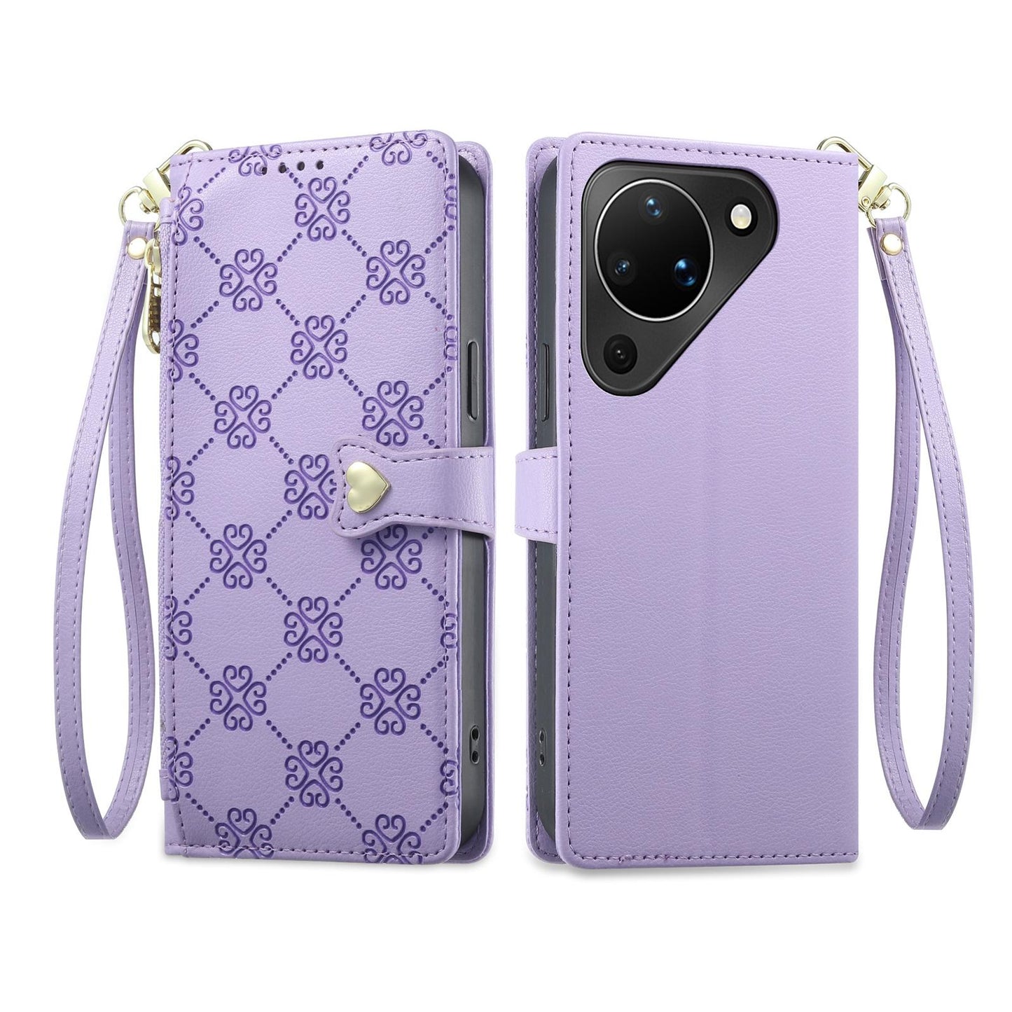For Huawei Pura 90 5G Zipper Wallet Heart Buckle Vegan Leather Phone Case with Wrist Strap(Purple)