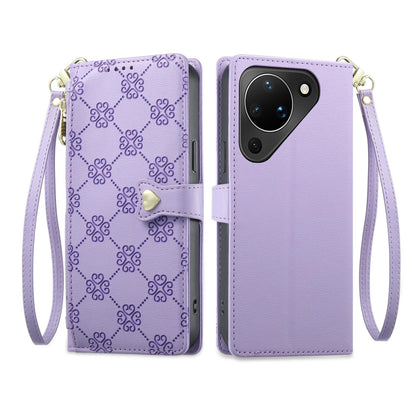 For Huawei Pura 90 5G Zipper Wallet Heart Buckle Vegan Leather Phone Case with Wrist Strap(Purple)