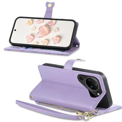 For Huawei Pura 90 5G Zipper Wallet Heart Buckle Vegan Leather Phone Case with Wrist Strap(Purple)