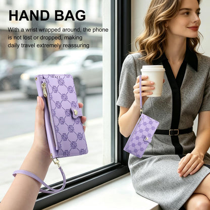 For Huawei Pura 90 5G Zipper Wallet Heart Buckle Vegan Leather Phone Case with Wrist Strap(Purple)