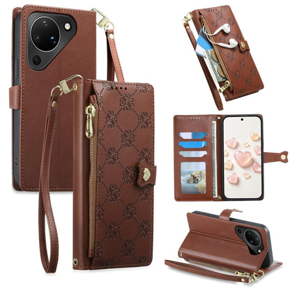 For Huawei Pura 90 5G Zipper Wallet Heart Buckle Vegan Leather Phone Case with Wrist Strap(Brown)