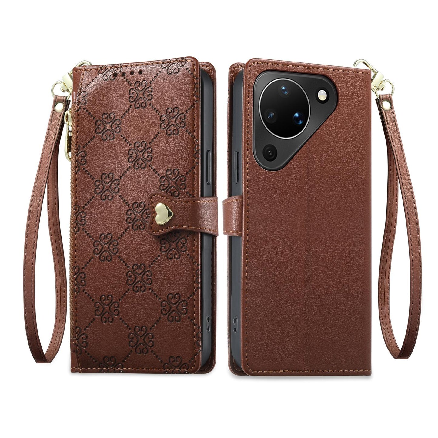 For Huawei Pura 90 5G Zipper Wallet Heart Buckle Vegan Leather Phone Case with Wrist Strap(Brown)