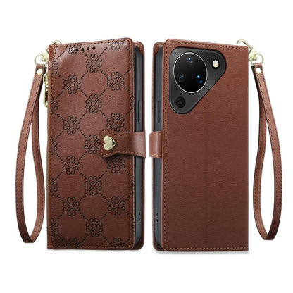 For Huawei Pura 90 5G Zipper Wallet Heart Buckle Vegan Leather Phone Case with Wrist Strap(Brown)