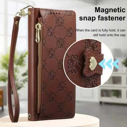 For Huawei Pura 90 5G Zipper Wallet Heart Buckle Vegan Leather Phone Case with Wrist Strap(Brown)