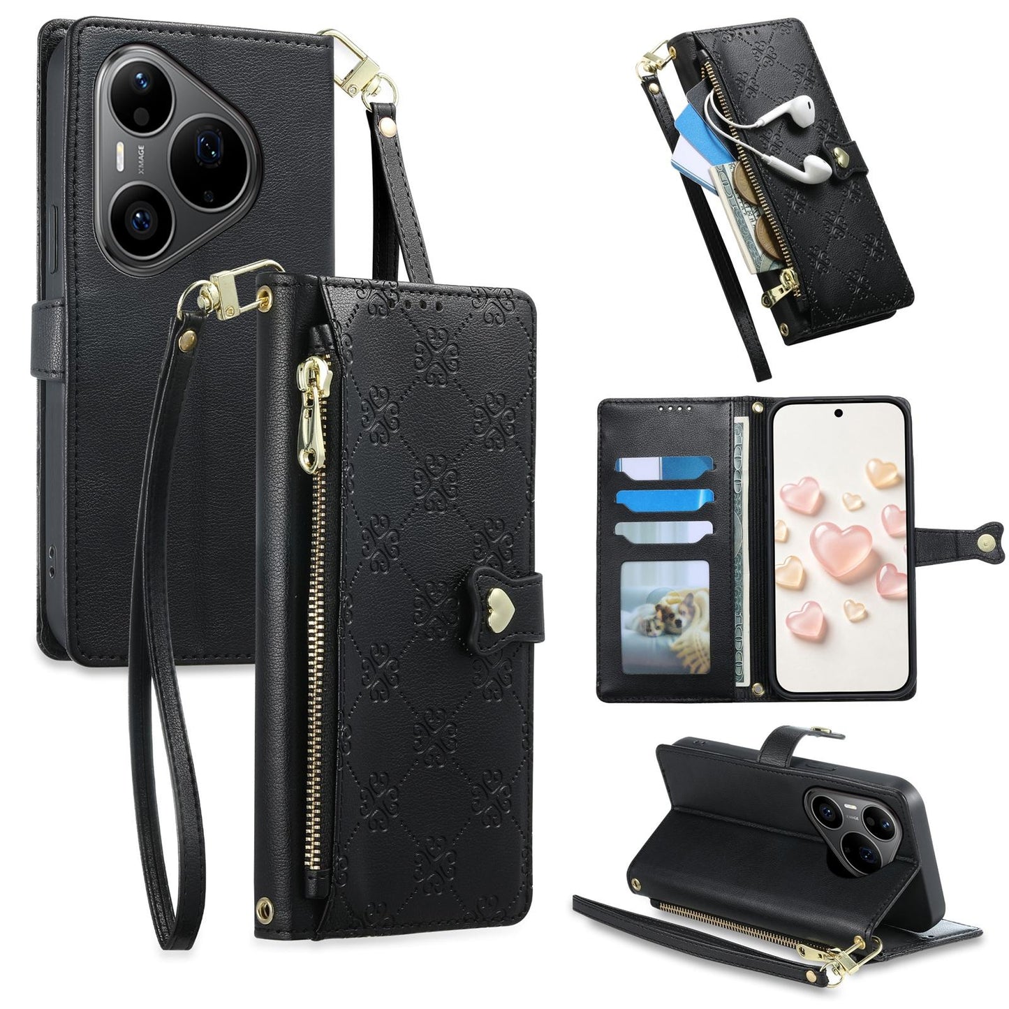 For Huawei Pura 90 Pro 5G Zipper Wallet Heart Buckle Vegan Leather Phone Case with Wrist Strap(Black)