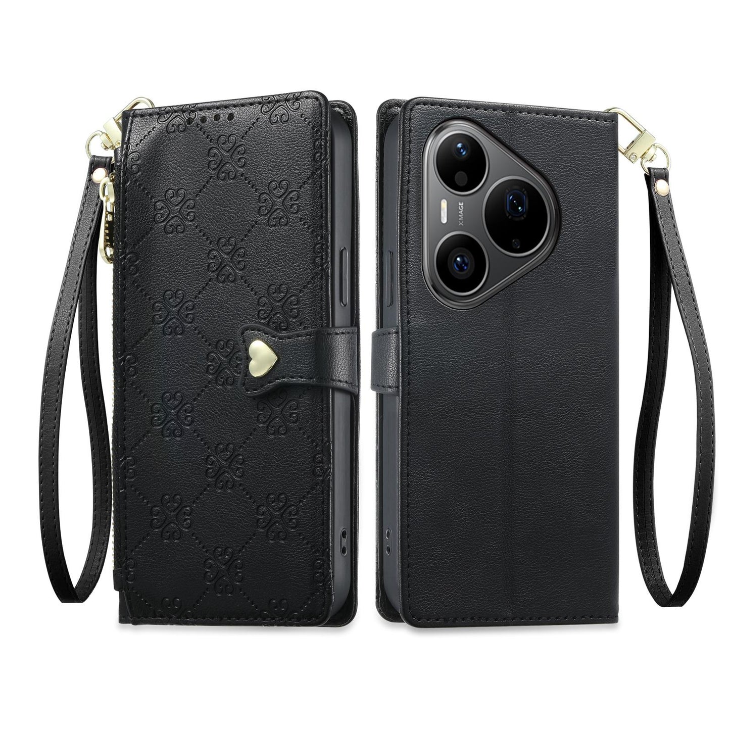 For Huawei Pura 90 Pro 5G Zipper Wallet Heart Buckle Vegan Leather Phone Case with Wrist Strap(Black)