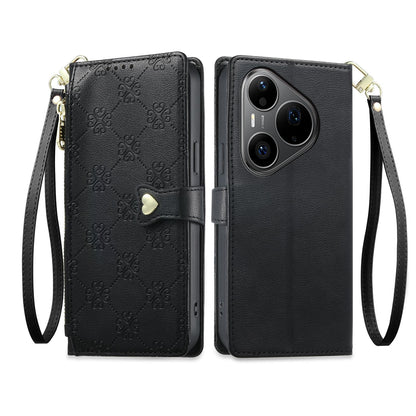 For Huawei Pura 90 Pro 5G Zipper Wallet Heart Buckle Vegan Leather Phone Case with Wrist Strap(Black)
