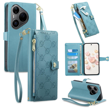 For Huawei Pura 90 Pro 5G Zipper Wallet Heart Buckle Vegan Leather Phone Case with Wrist Strap(Lake Blue)