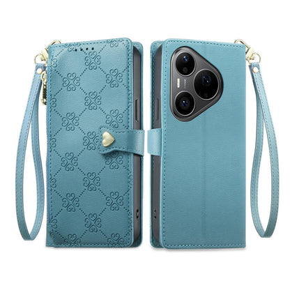 For Huawei Pura 90 Pro 5G Zipper Wallet Heart Buckle Vegan Leather Phone Case with Wrist Strap(Lake Blue)