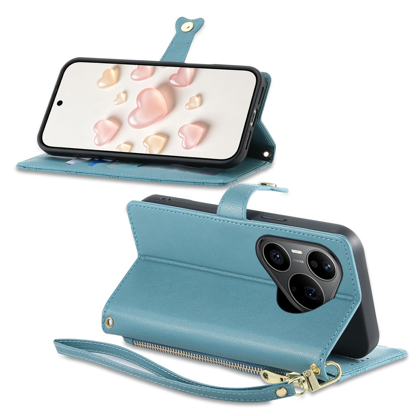 For Huawei Pura 90 Pro 5G Zipper Wallet Heart Buckle Vegan Leather Phone Case with Wrist Strap(Lake Blue)