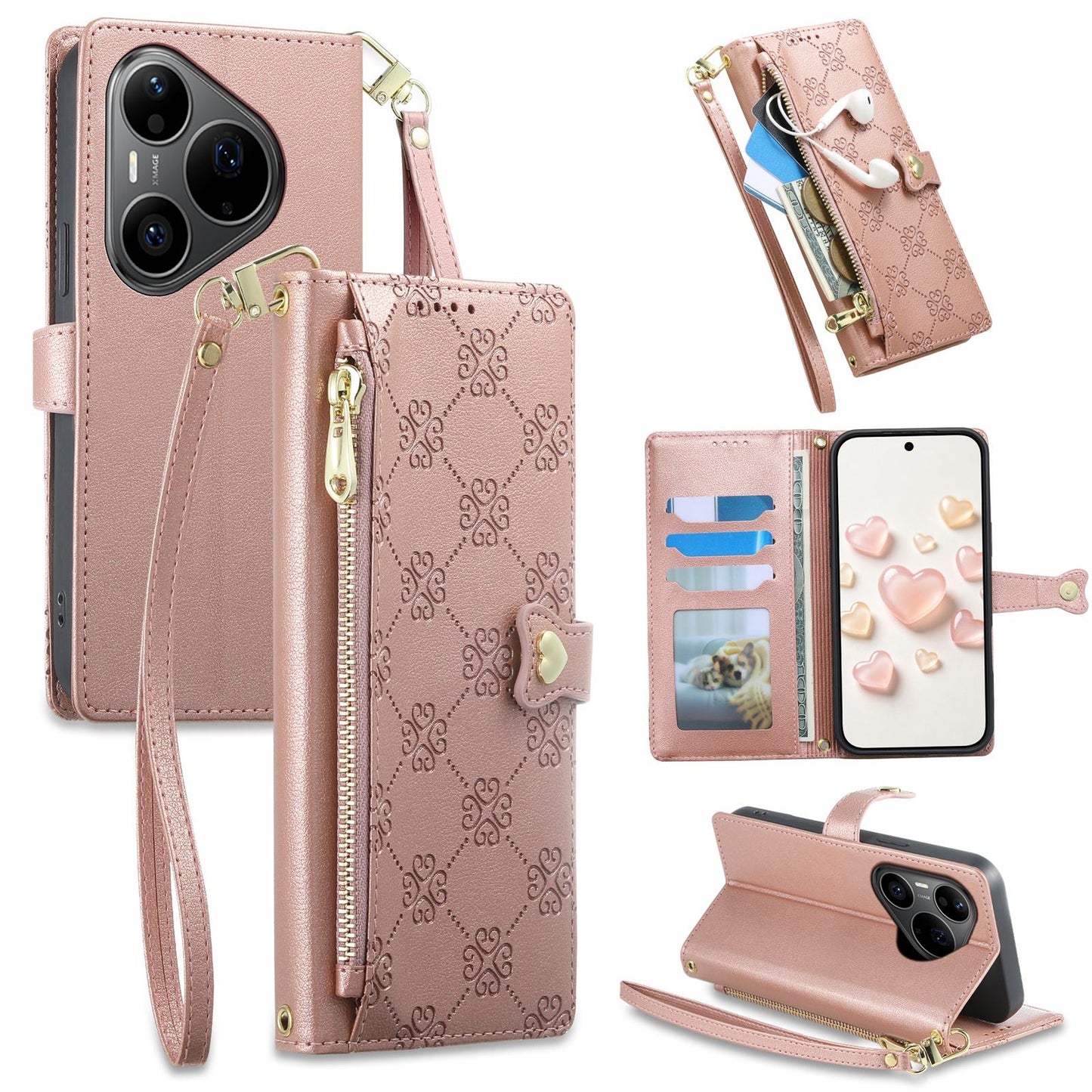 For Huawei Pura 90 Pro 5G Zipper Wallet Heart Buckle Vegan Leather Phone Case with Wrist Strap(Pink)