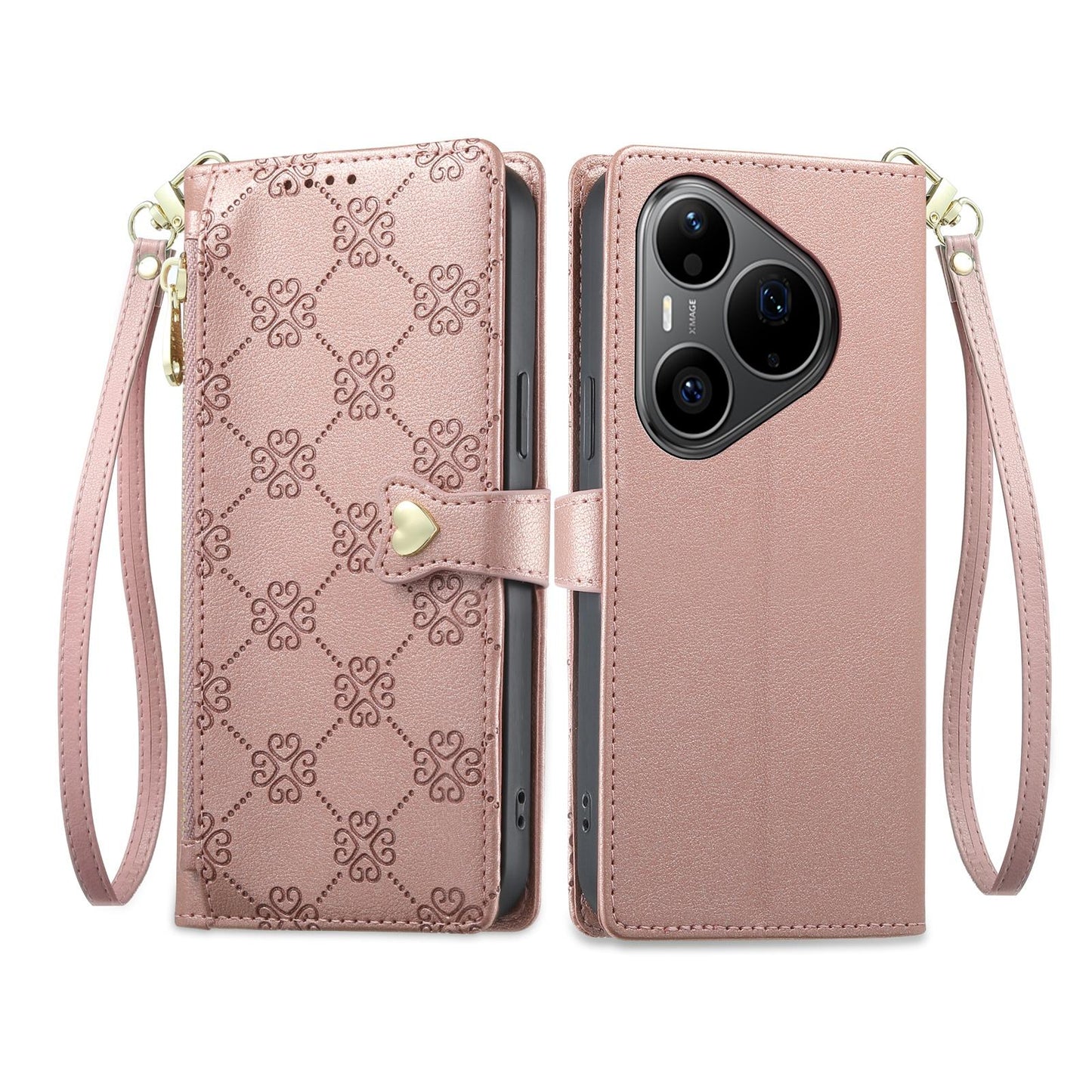 For Huawei Pura 90 Pro 5G Zipper Wallet Heart Buckle Vegan Leather Phone Case with Wrist Strap(Pink)