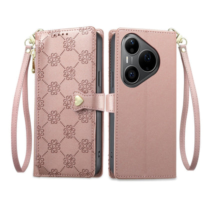 For Huawei Pura 90 Pro 5G Zipper Wallet Heart Buckle Vegan Leather Phone Case with Wrist Strap(Pink)