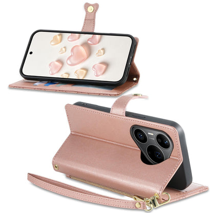 For Huawei Pura 90 Pro 5G Zipper Wallet Heart Buckle Vegan Leather Phone Case with Wrist Strap(Pink)