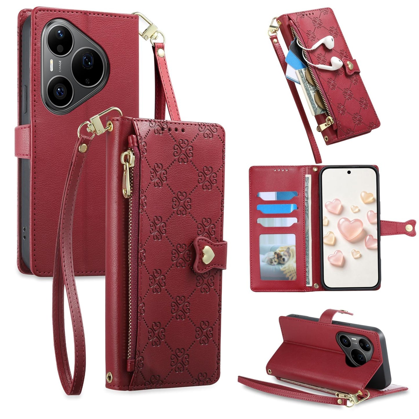 For Huawei Pura 90 Pro 5G Zipper Wallet Heart Buckle Vegan Leather Phone Case with Wrist Strap(Red)