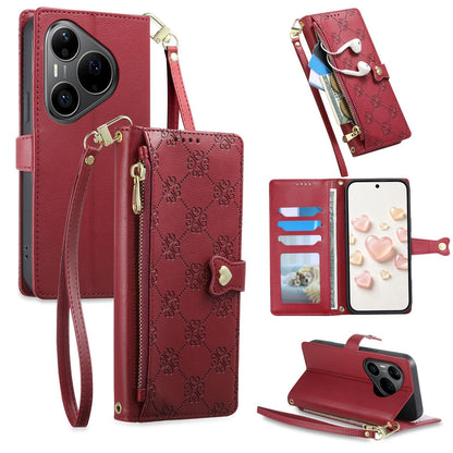 For Huawei Pura 90 Pro 5G Zipper Wallet Heart Buckle Vegan Leather Phone Case with Wrist Strap(Red)