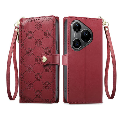 For Huawei Pura 90 Pro 5G Zipper Wallet Heart Buckle Vegan Leather Phone Case with Wrist Strap(Red)