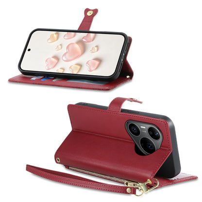 For Huawei Pura 90 Pro 5G Zipper Wallet Heart Buckle Vegan Leather Phone Case with Wrist Strap(Red)