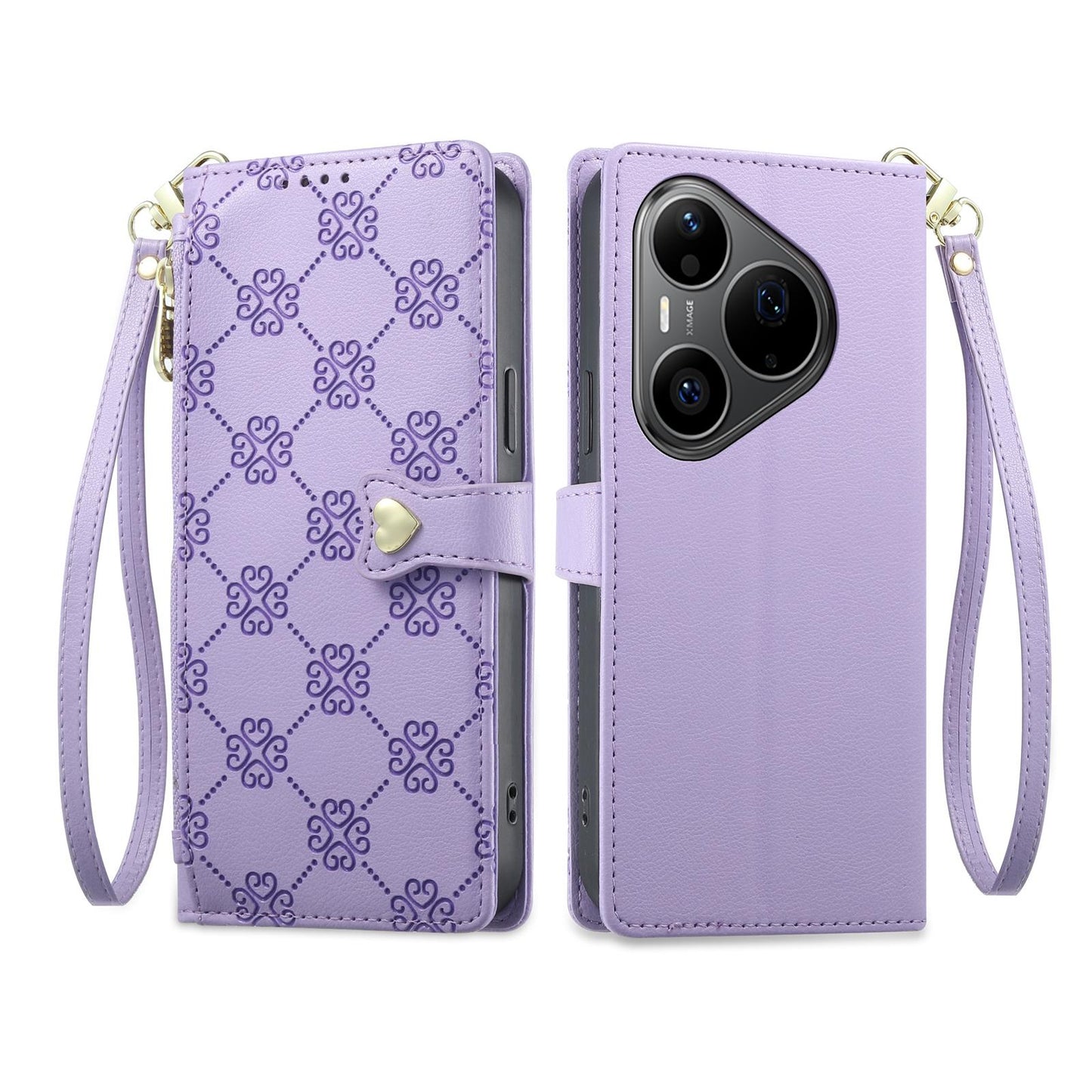 For Huawei Pura 90 Pro 5G Zipper Wallet Heart Buckle Vegan Leather Phone Case with Wrist Strap(Purple)
