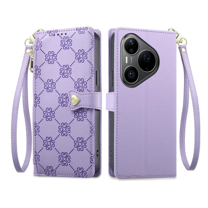 For Huawei Pura 90 Pro 5G Zipper Wallet Heart Buckle Vegan Leather Phone Case with Wrist Strap(Purple)