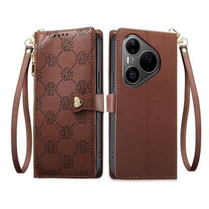 For Huawei Pura 90 Pro 5G Zipper Wallet Heart Buckle Vegan Leather Phone Case with Wrist Strap(Brown)