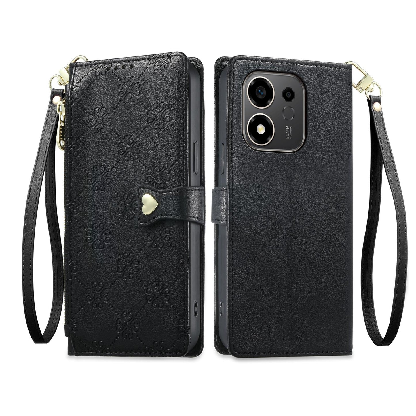 For Honor 600 Smart 5G Zipper Wallet Heart Buckle Vegan Leather Phone Case with Wrist Strap(Black)