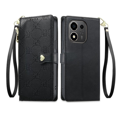 For Honor 600 Smart 5G Zipper Wallet Heart Buckle Vegan Leather Phone Case with Wrist Strap(Black)