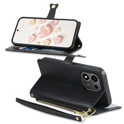For Honor 600 Smart 5G Zipper Wallet Heart Buckle Vegan Leather Phone Case with Wrist Strap(Black)