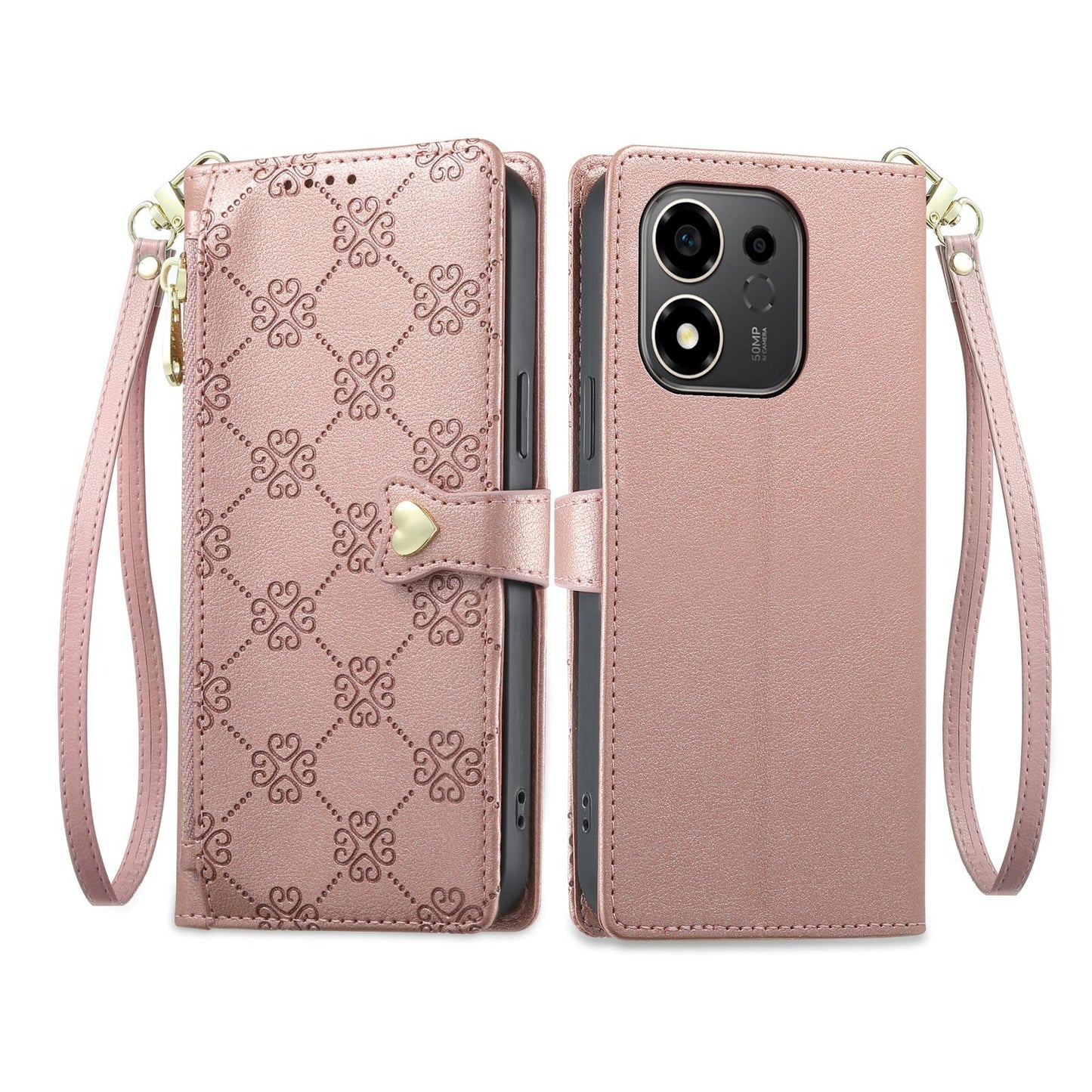 For Honor 600 Smart 5G Zipper Wallet Heart Buckle Vegan Leather Phone Case with Wrist Strap(Pink)