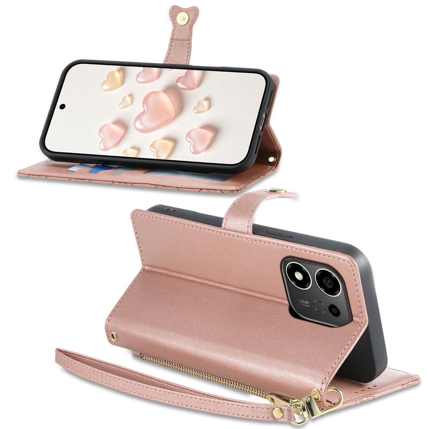 For Honor 600 Smart 5G Zipper Wallet Heart Buckle Vegan Leather Phone Case with Wrist Strap(Pink)