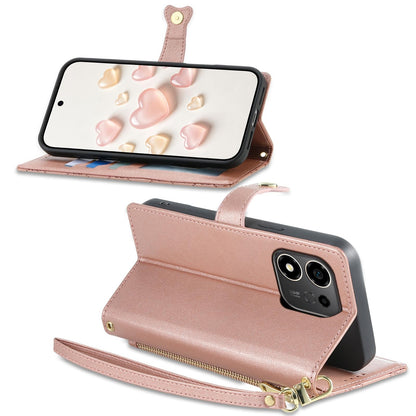 For Honor 600 Smart 5G Zipper Wallet Heart Buckle Vegan Leather Phone Case with Wrist Strap(Pink)