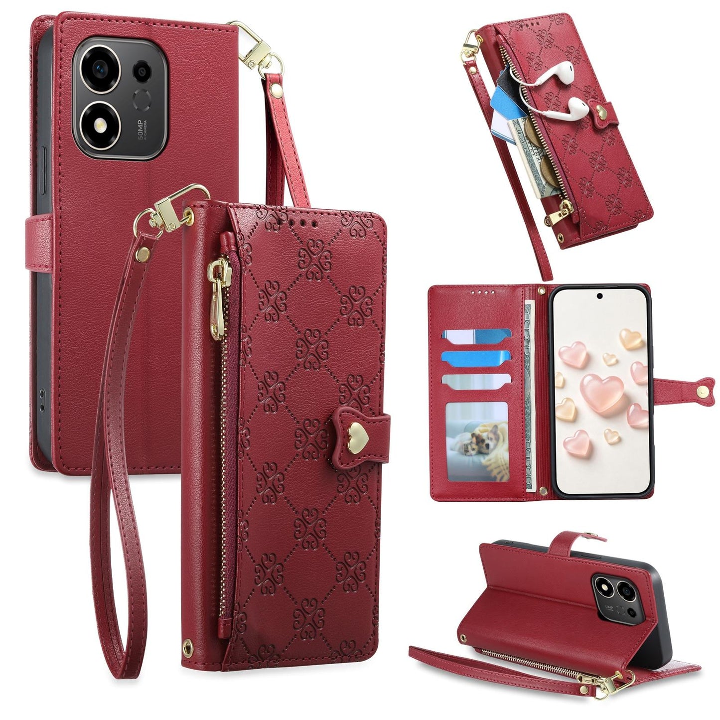 For Honor 600 Smart 5G Zipper Wallet Heart Buckle Vegan Leather Phone Case with Wrist Strap(Red)