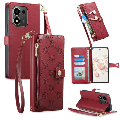For Honor 600 Smart 5G Zipper Wallet Heart Buckle Vegan Leather Phone Case with Wrist Strap(Red)