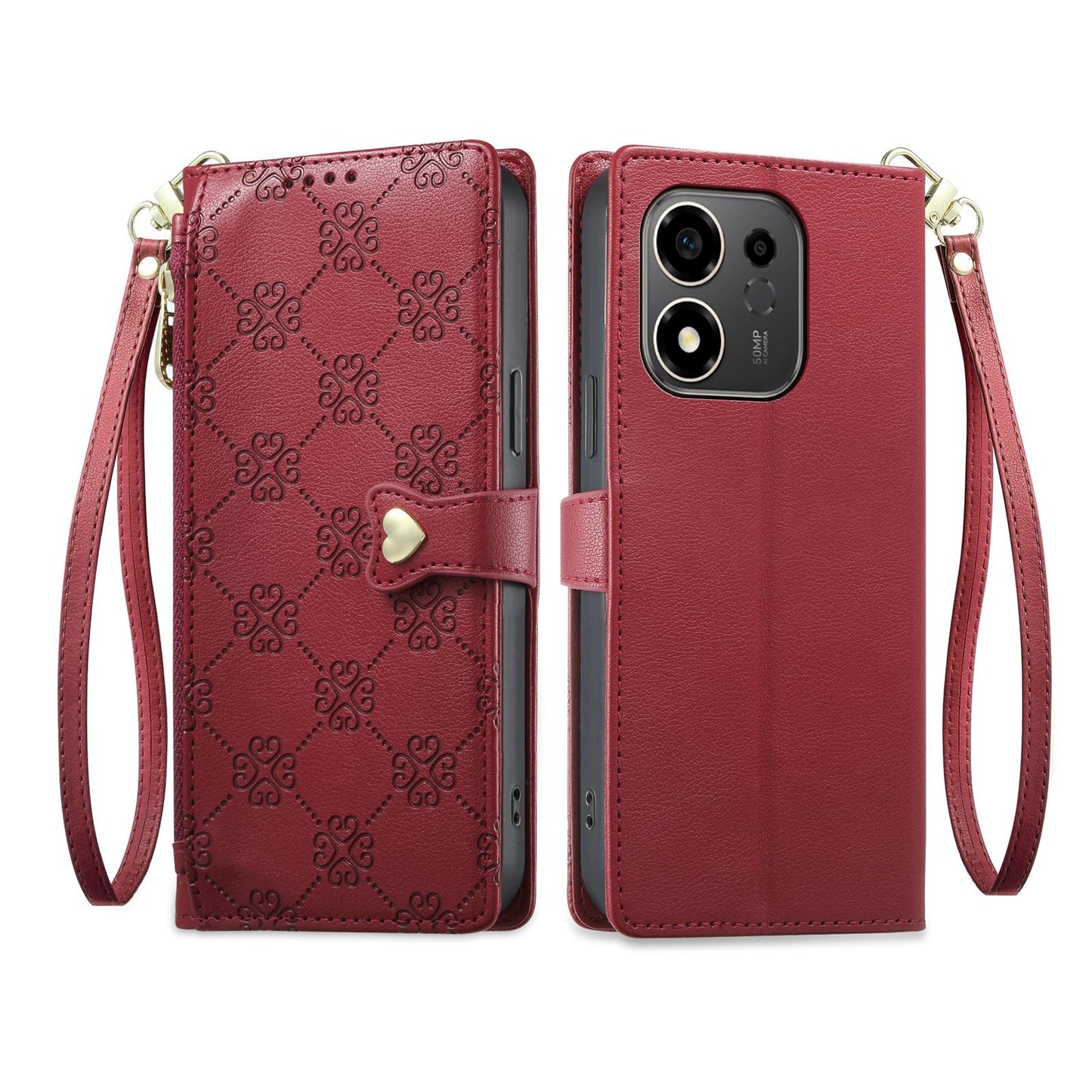 For Honor 600 Smart 5G Zipper Wallet Heart Buckle Vegan Leather Phone Case with Wrist Strap(Red)