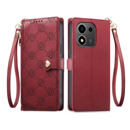 For Honor 600 Smart 5G Zipper Wallet Heart Buckle Vegan Leather Phone Case with Wrist Strap(Red)