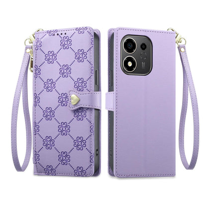 For Honor 600 Smart 5G Zipper Wallet Heart Buckle Vegan Leather Phone Case with Wrist Strap(Purple)