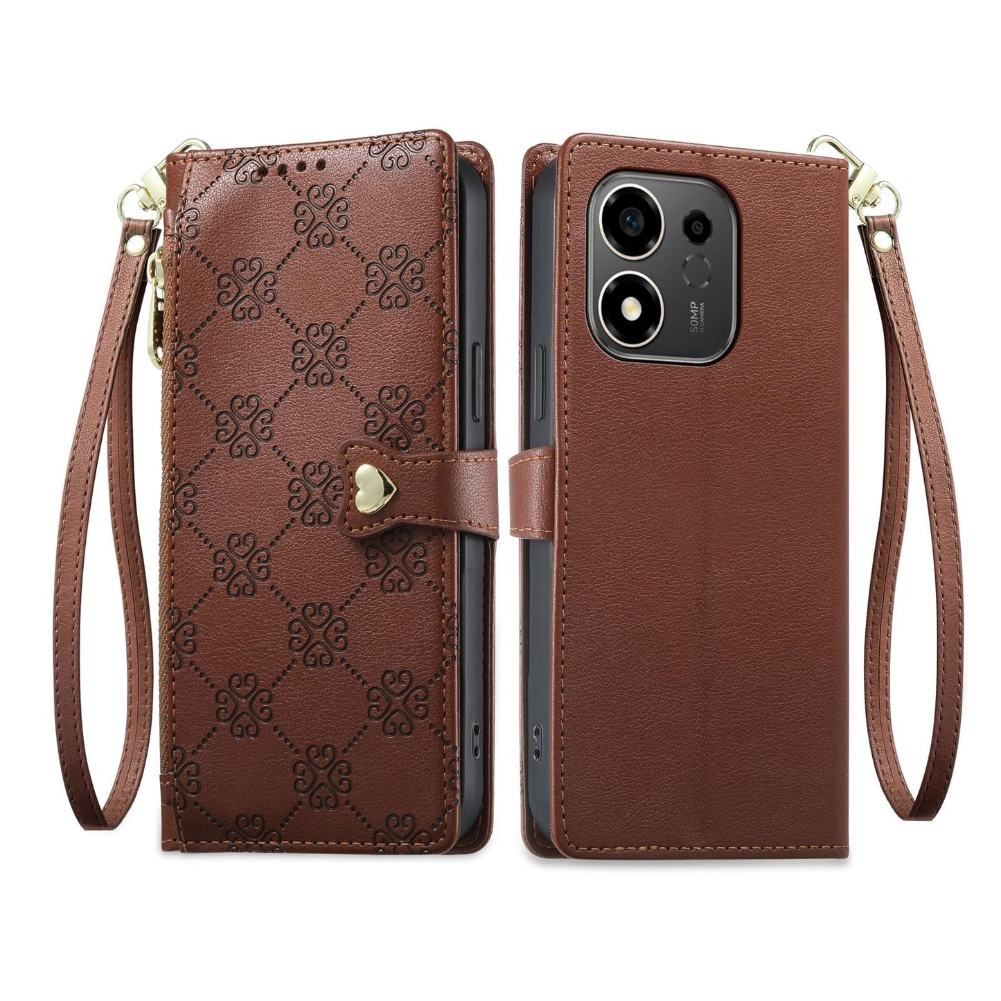 For Honor 600 Smart 5G Zipper Wallet Heart Buckle Vegan Leather Phone Case with Wrist Strap(Brown)