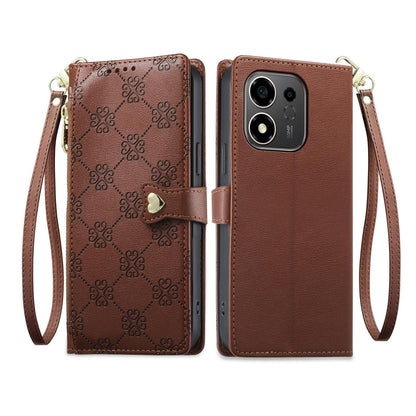 For Honor 600 Smart 5G Zipper Wallet Heart Buckle Vegan Leather Phone Case with Wrist Strap(Brown)