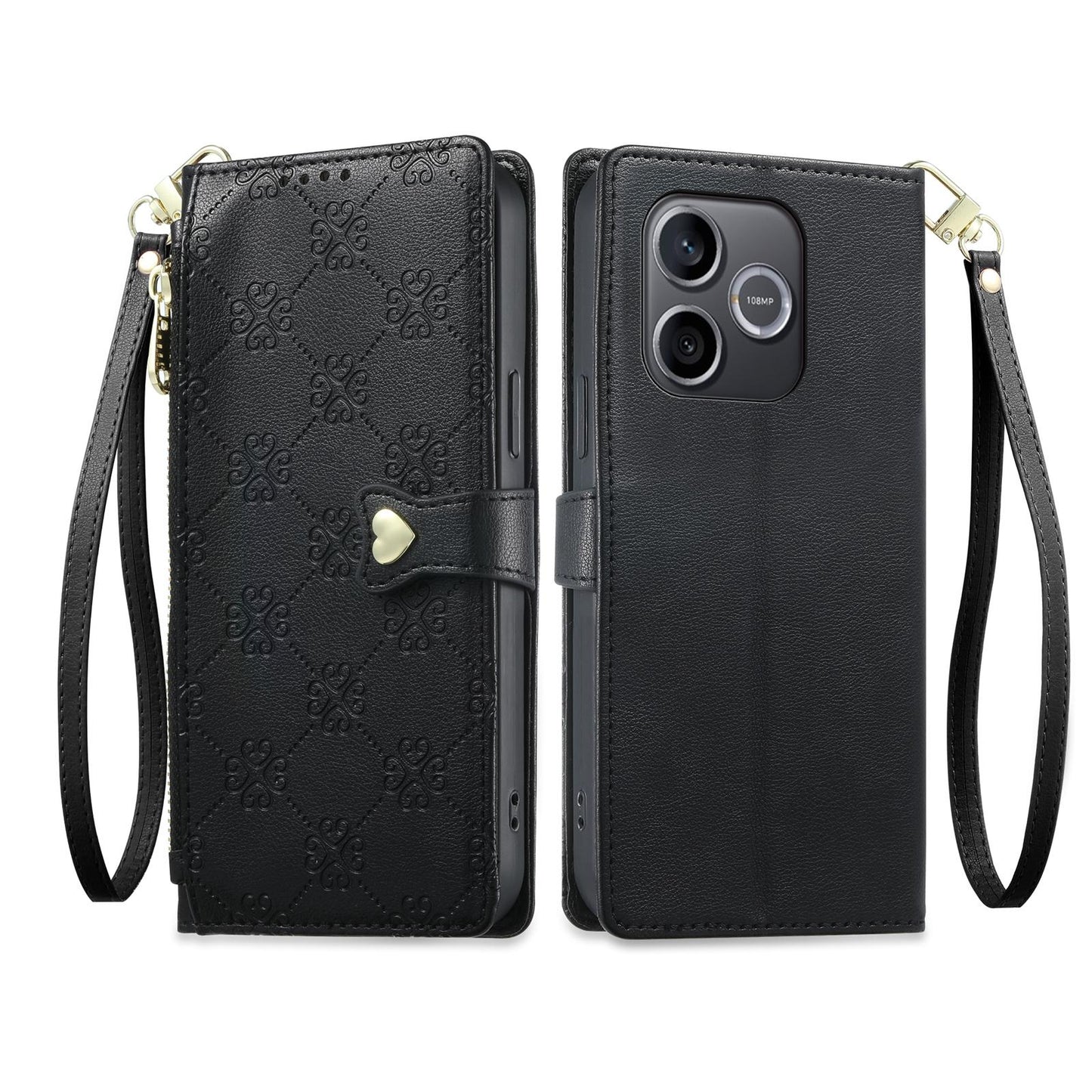 For Honor 600 Lite Global / 500 Smart 5G Zipper Wallet Heart Buckle Vegan Leather Phone Case with Wrist Strap(Black)