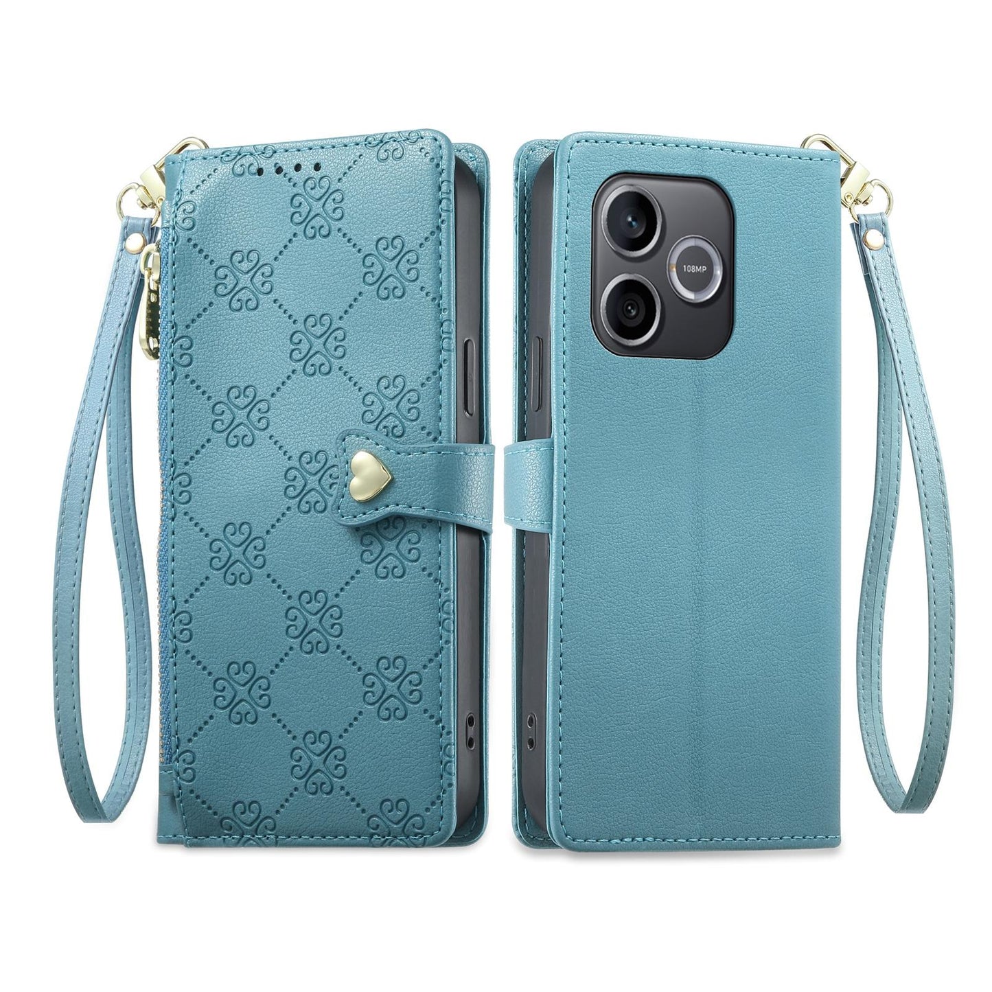 For Honor 600 Lite Global / 500 Smart 5G Zipper Wallet Heart Buckle Vegan Leather Phone Case with Wrist Strap(Lake Blue)