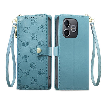 For Honor 600 Lite Global / 500 Smart 5G Zipper Wallet Heart Buckle Vegan Leather Phone Case with Wrist Strap(Lake Blue)