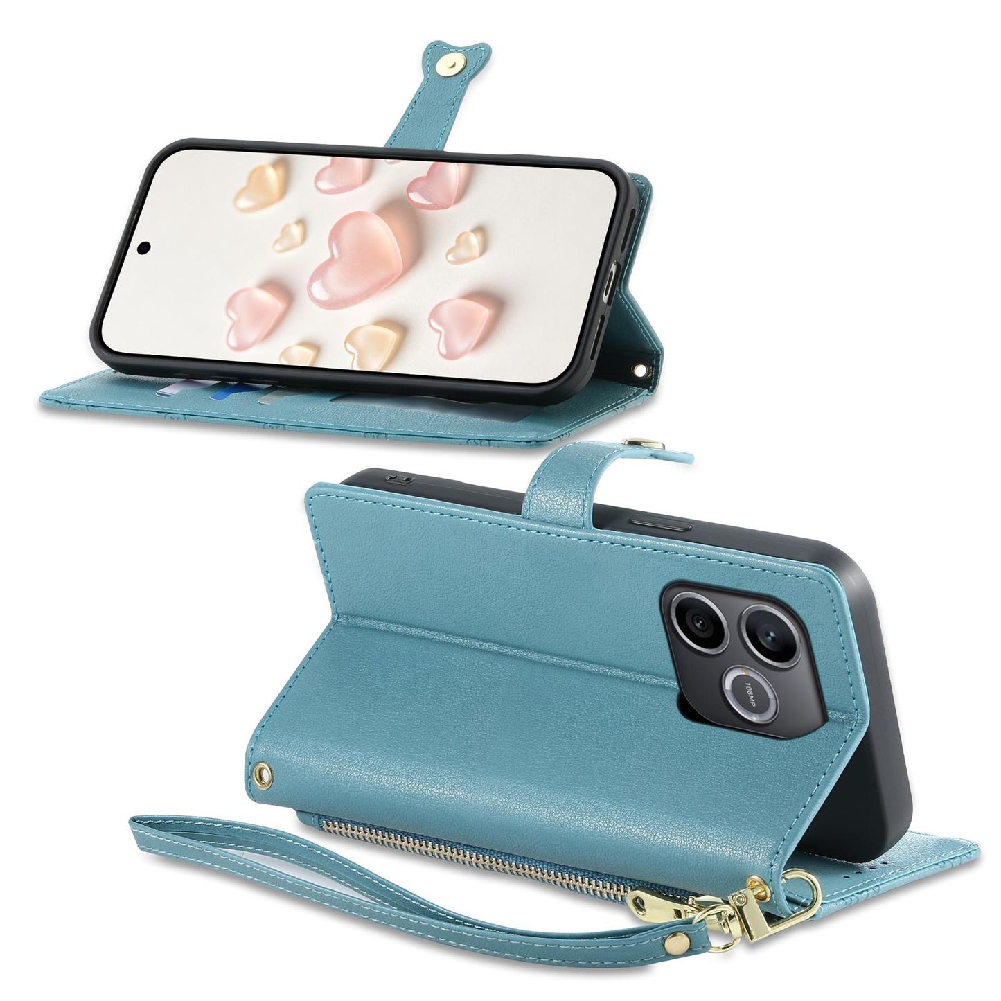 For Honor 600 Lite Global / 500 Smart 5G Zipper Wallet Heart Buckle Vegan Leather Phone Case with Wrist Strap(Lake Blue)