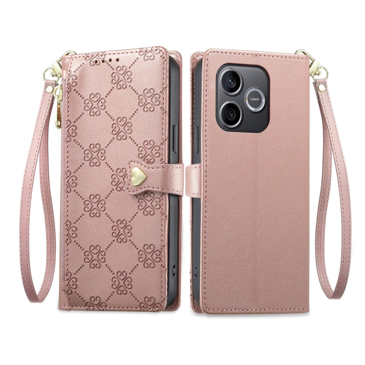 For Honor 600 Lite Global / 500 Smart 5G Zipper Wallet Heart Buckle Vegan Leather Phone Case with Wrist Strap(Pink)
