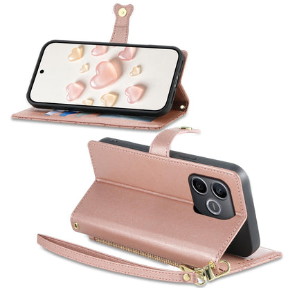 For Honor 600 Lite Global / 500 Smart 5G Zipper Wallet Heart Buckle Vegan Leather Phone Case with Wrist Strap(Pink)