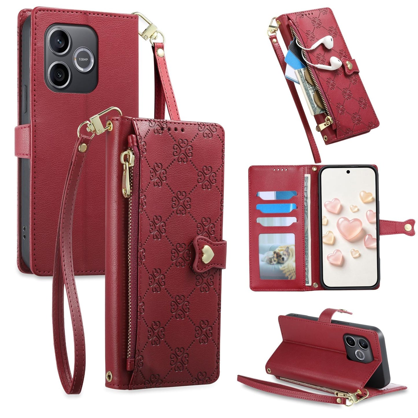 For Honor 600 Lite Global / 500 Smart 5G Zipper Wallet Heart Buckle Vegan Leather Phone Case with Wrist Strap(Red)