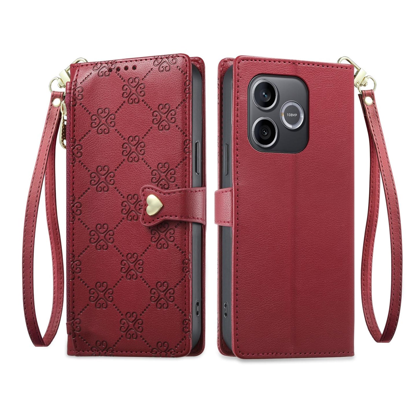 For Honor 600 Lite Global / 500 Smart 5G Zipper Wallet Heart Buckle Vegan Leather Phone Case with Wrist Strap(Red)
