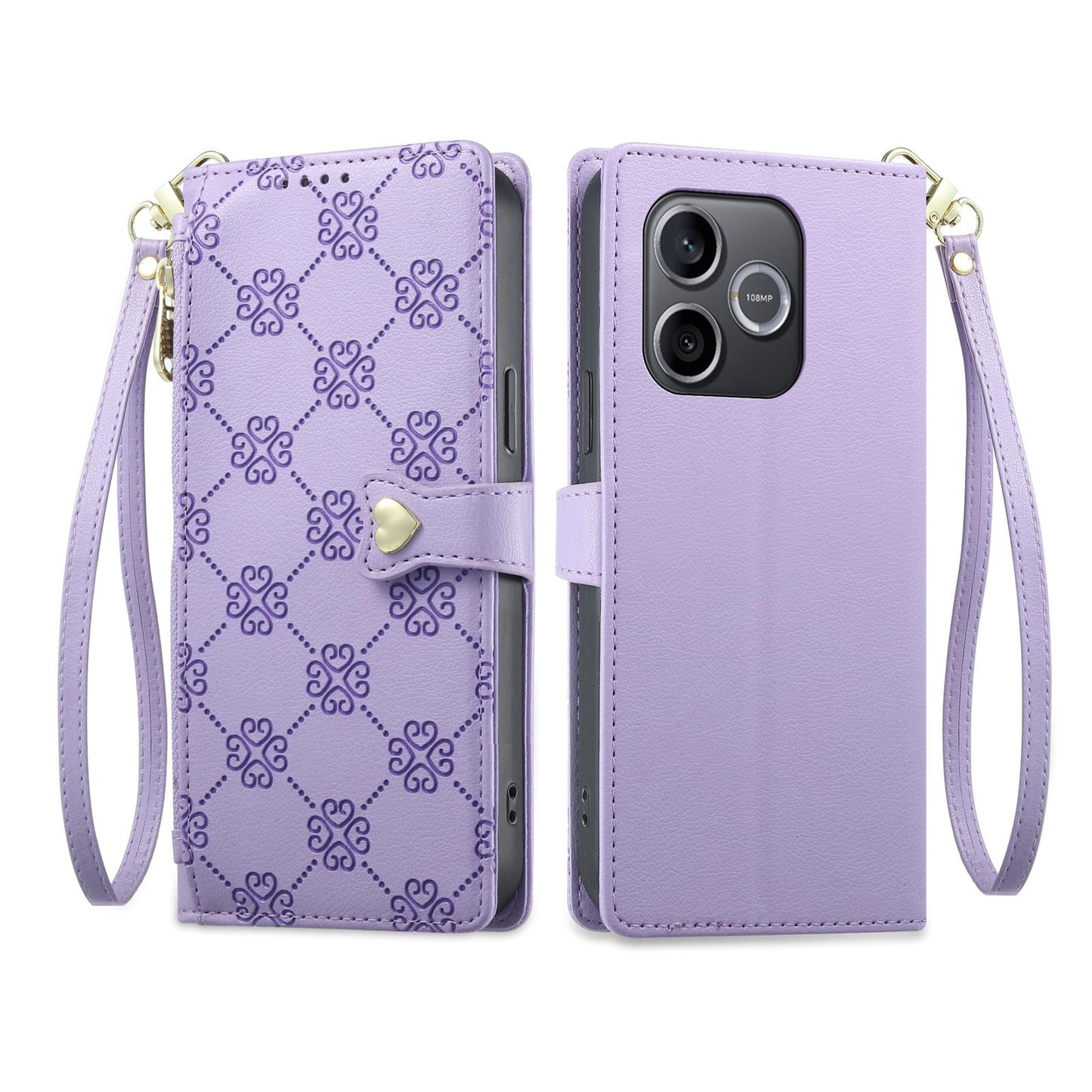 For Honor 600 Lite Global / 500 Smart 5G Zipper Wallet Heart Buckle Vegan Leather Phone Case with Wrist Strap(Purple)