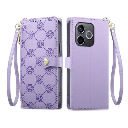 For Honor 600 Lite Global / 500 Smart 5G Zipper Wallet Heart Buckle Vegan Leather Phone Case with Wrist Strap(Purple)